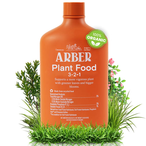ARBER Organic Plant Food bottle concentrates fast nutrients for stronger roots.