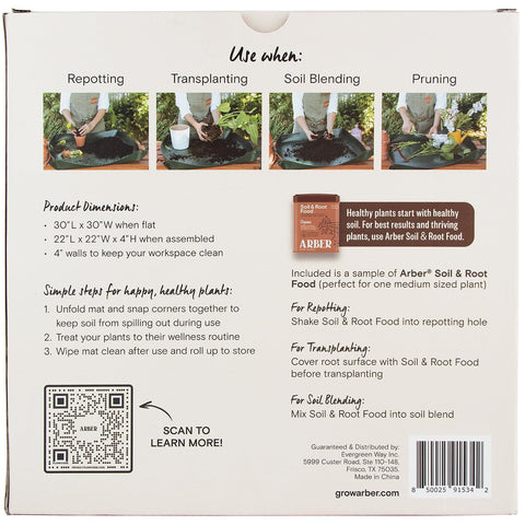ARBER Repotting Mat with 4 inch walls containing soil during potting