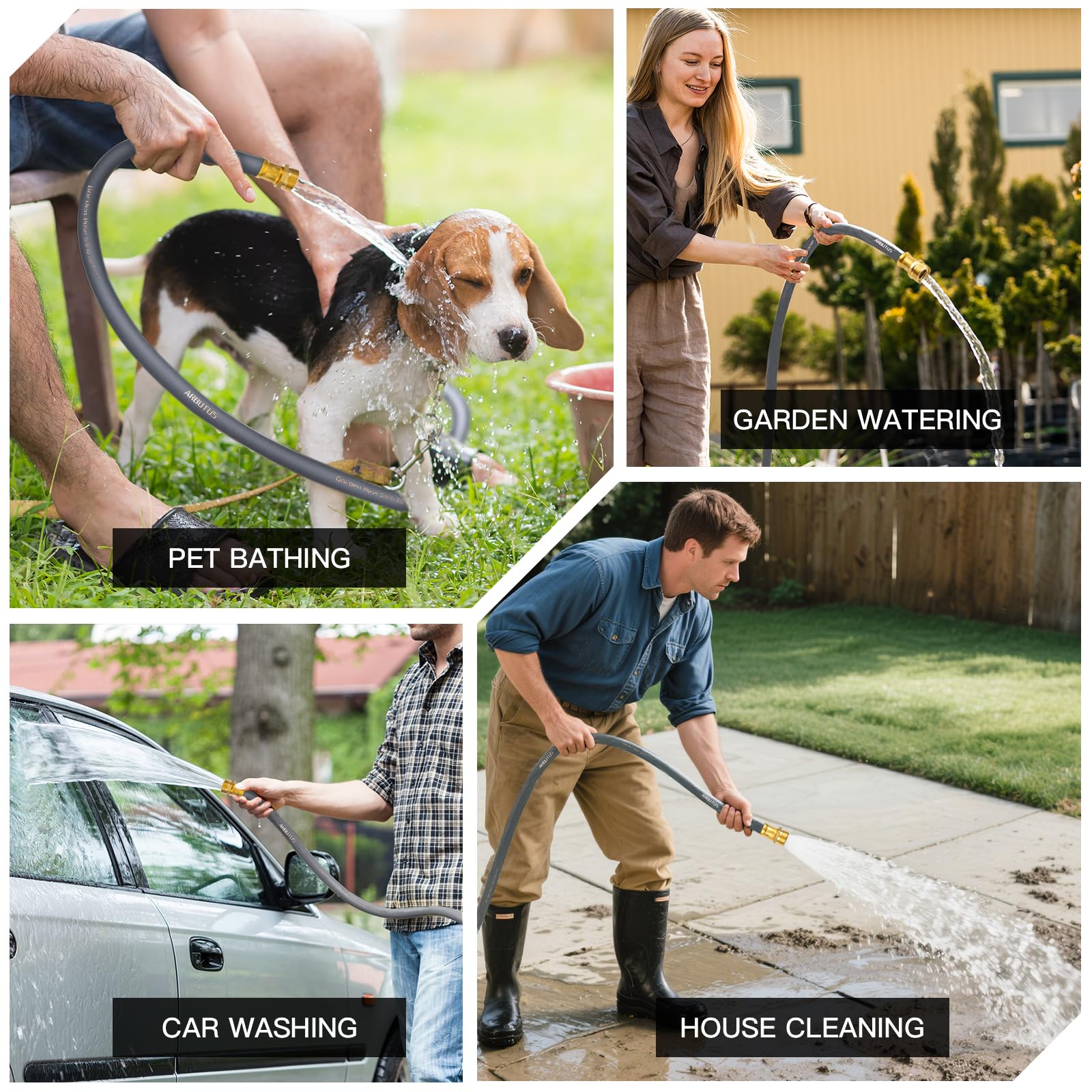 ARBUTUS versatile hose supports gardening, car washing, and patio cleaning.