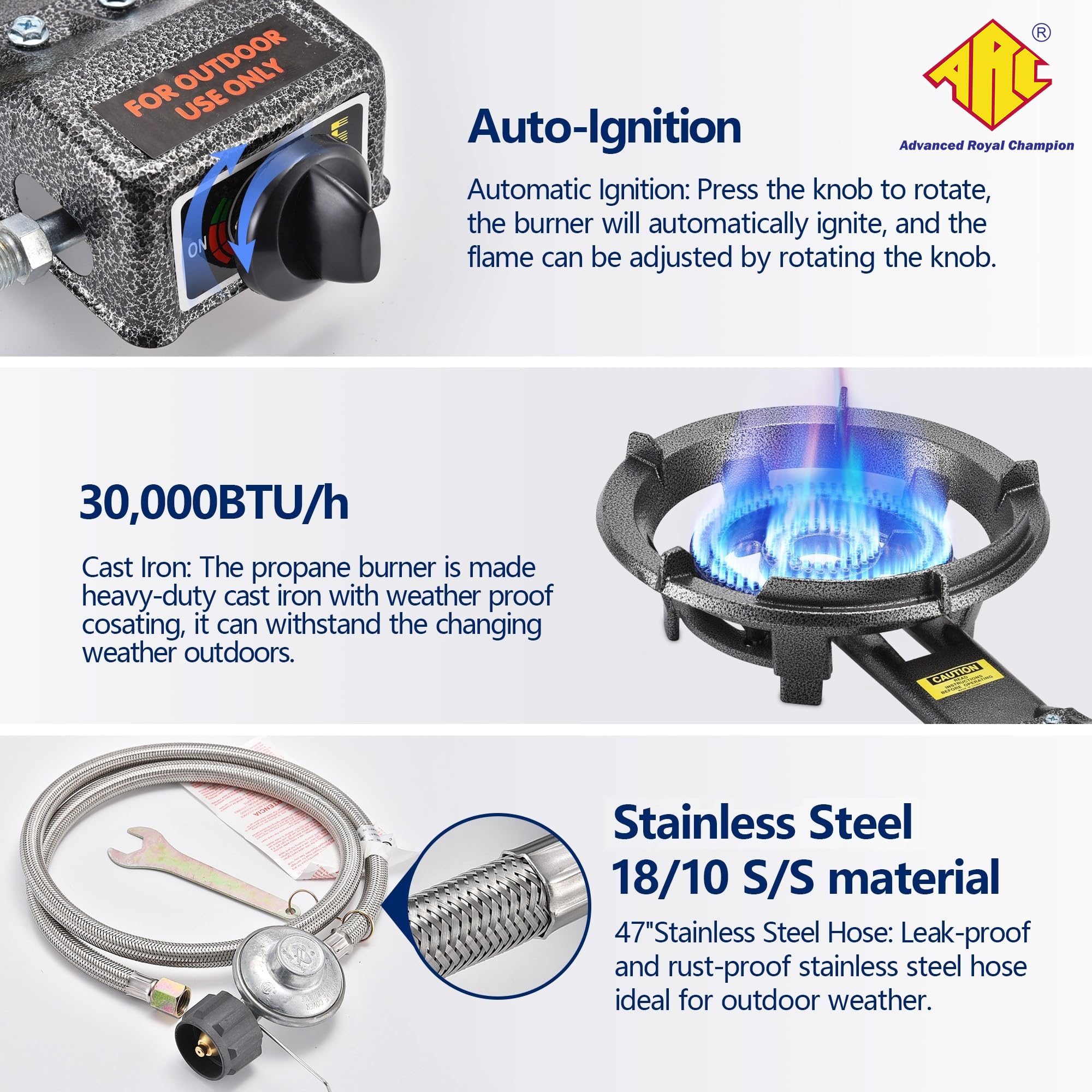 ARC Advanced Royal Champion burner ignition and adjustable regulator enable easy flame control