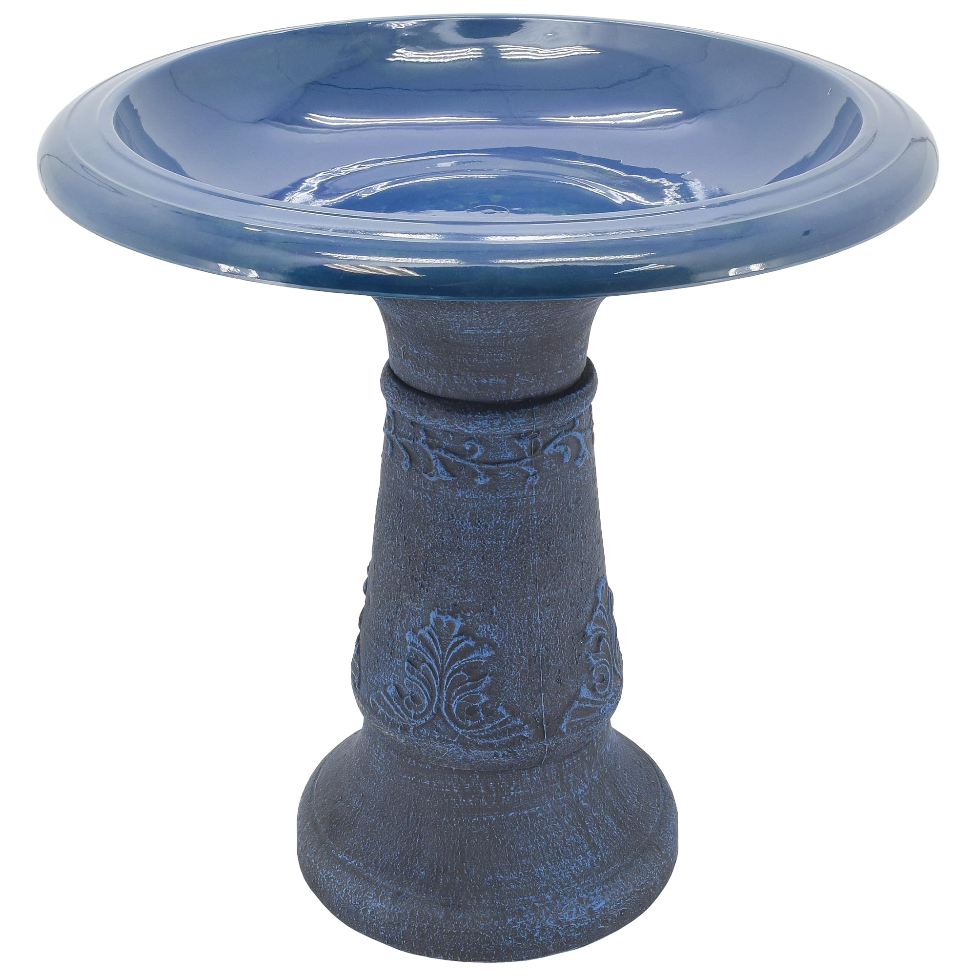 Arcadia Fiberclay Bird Bath front view, decorative blue piece attracting garden birds