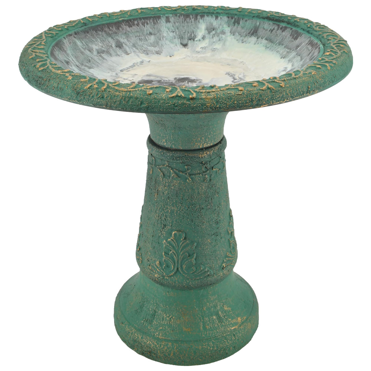 Arcadia Bird Bath fiberclay, 20-inch green, enhances outdoor aesthetics while attracting birds.
