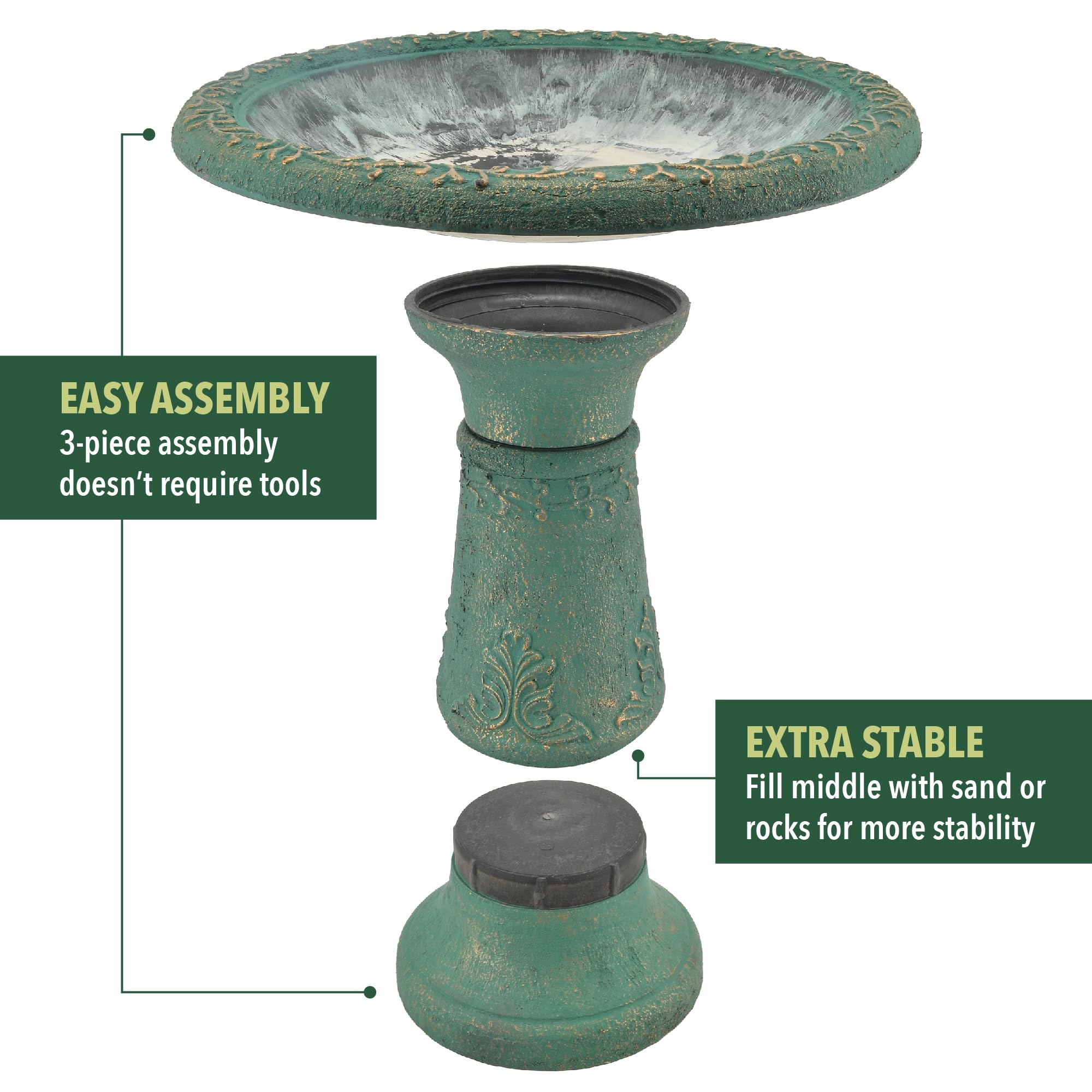 Arcadia Bird Bath with floral engravings adds decorative charm to any garden setting.