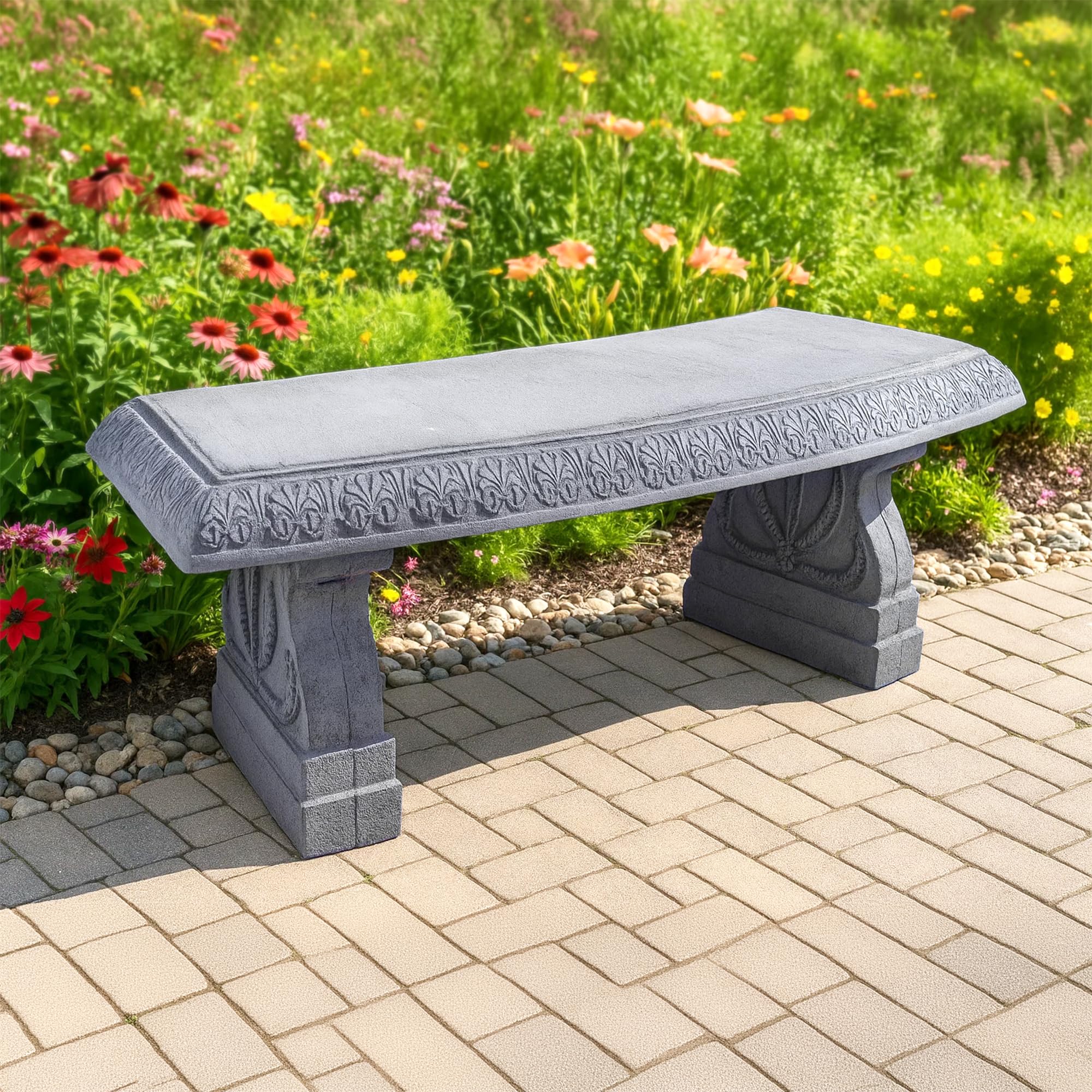 Arcadia Garden Products BE02 bench shows ornate floral engravings for vintage charm