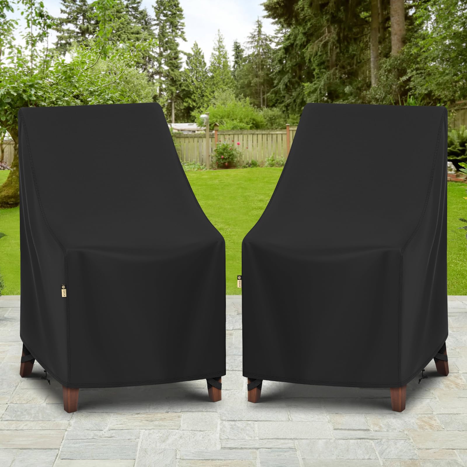Arcedo black chair cover shown on stacked chairs for versatile outdoor use.