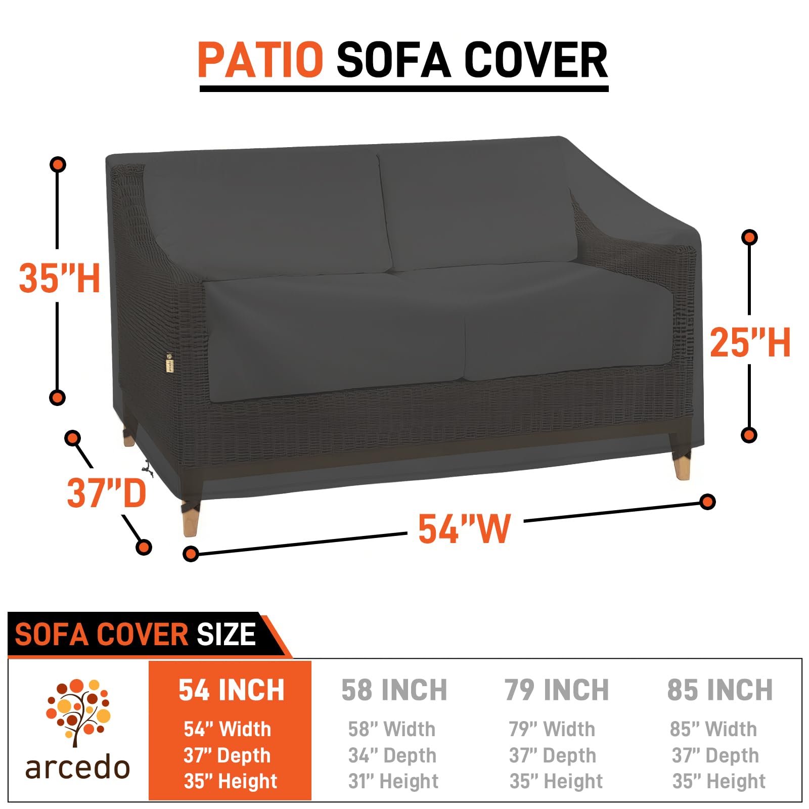 Arcedo waterproof 2-seater loveseat cover installed on patio furniture guarding against rain.