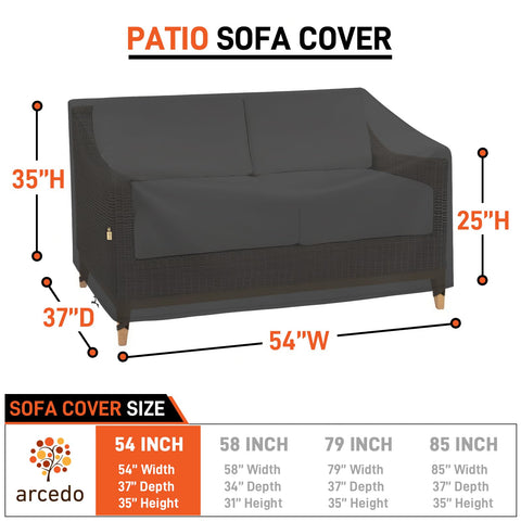 Arcedo waterproof 2-seater loveseat cover installed on patio furniture guarding against rain.