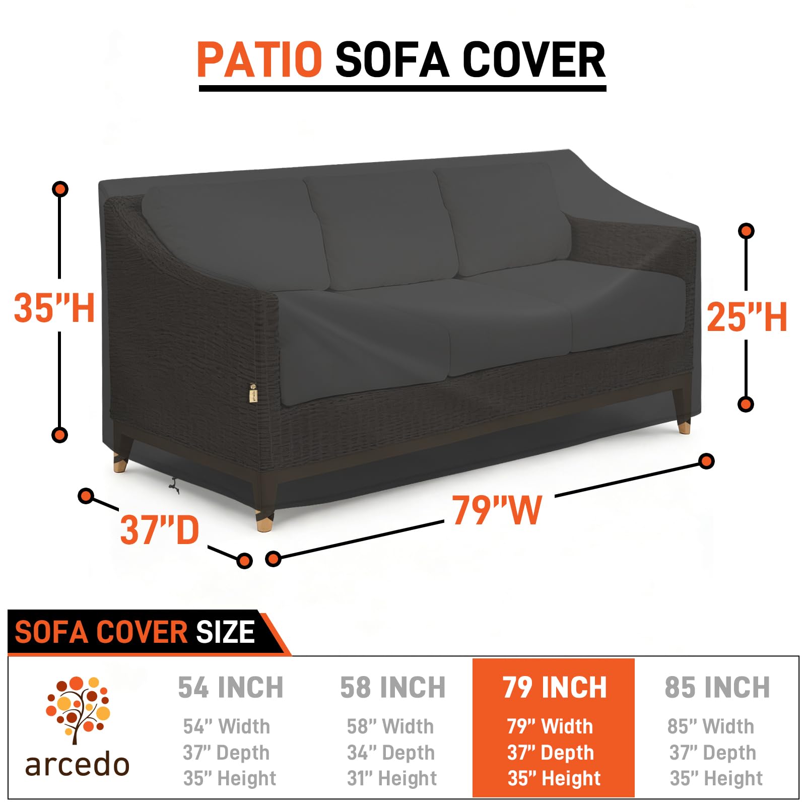 Arcedo cover side view shows snug fit on a patio couch.