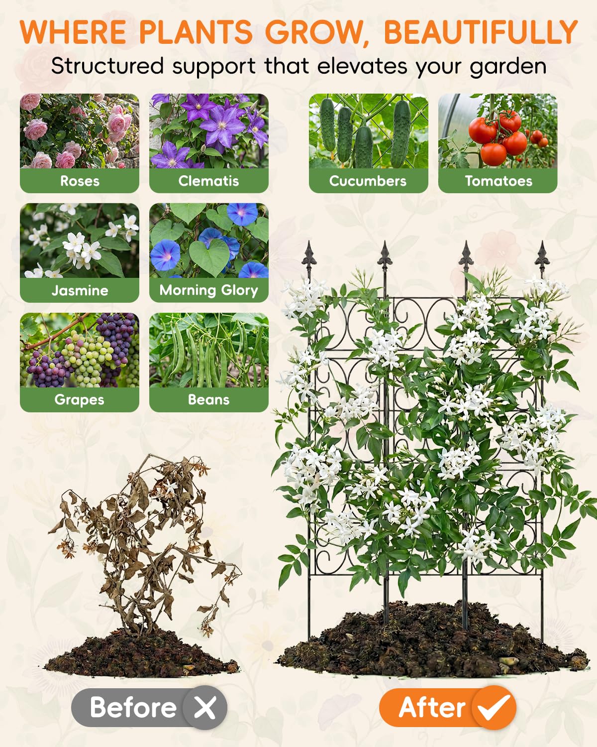 ArdeFentium trellis supporting roses and clematis in a garden scene.