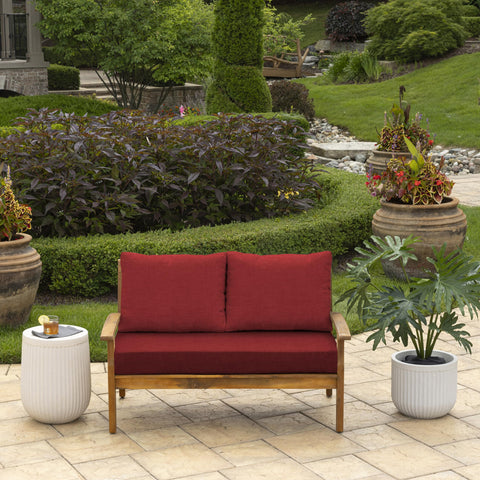 Arden back pillow 24x18 in Ruby Red Leala adds plush support outdoors.