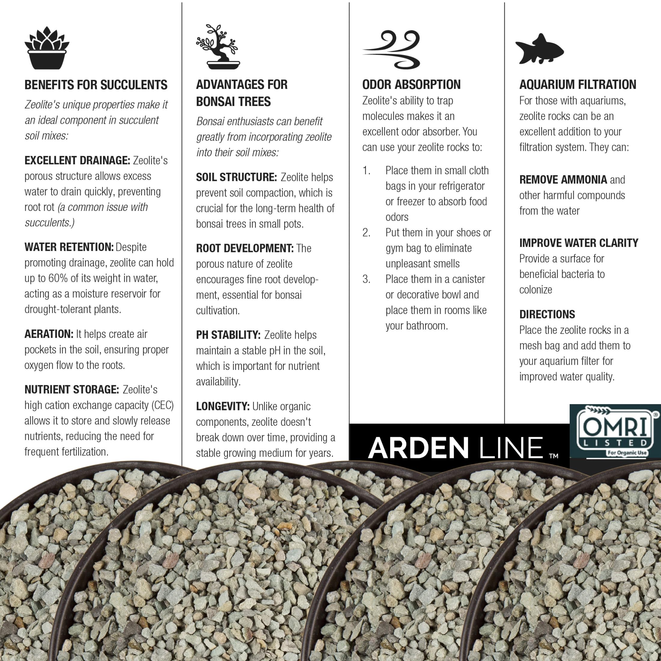 ARDEN LINE Zeolite Rocks supports balanced moisture in small containers and pots.