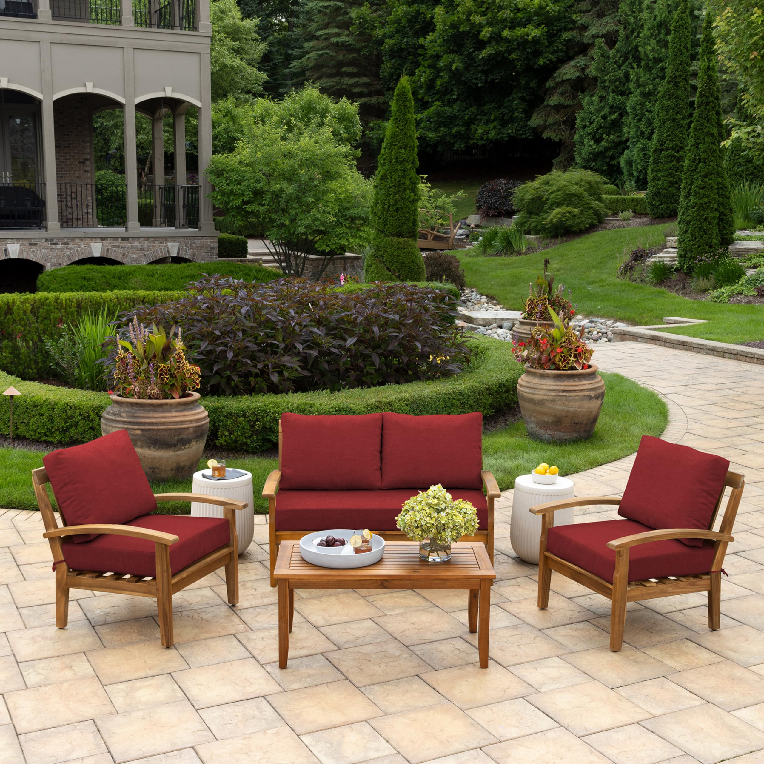 Arden loveseat bottom cushion 48x24 in Ruby Red Leala provides stable seating.