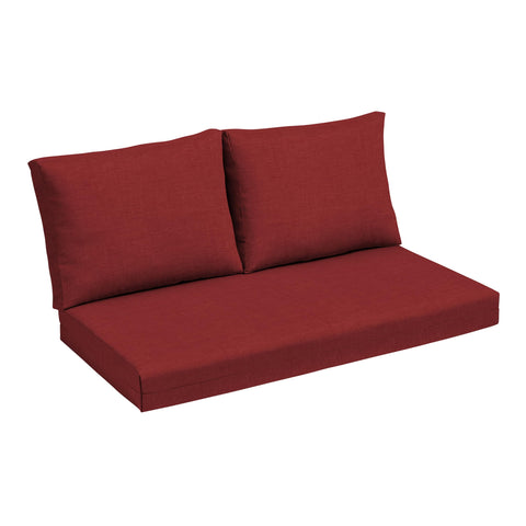 Arden Outdoor Loveseat Cushion Set in Ruby Red Leala for durable, weather-ready comfort.
