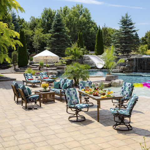 Arden Salome tropical four ties keep cushion secured on outdoor dining chairs.