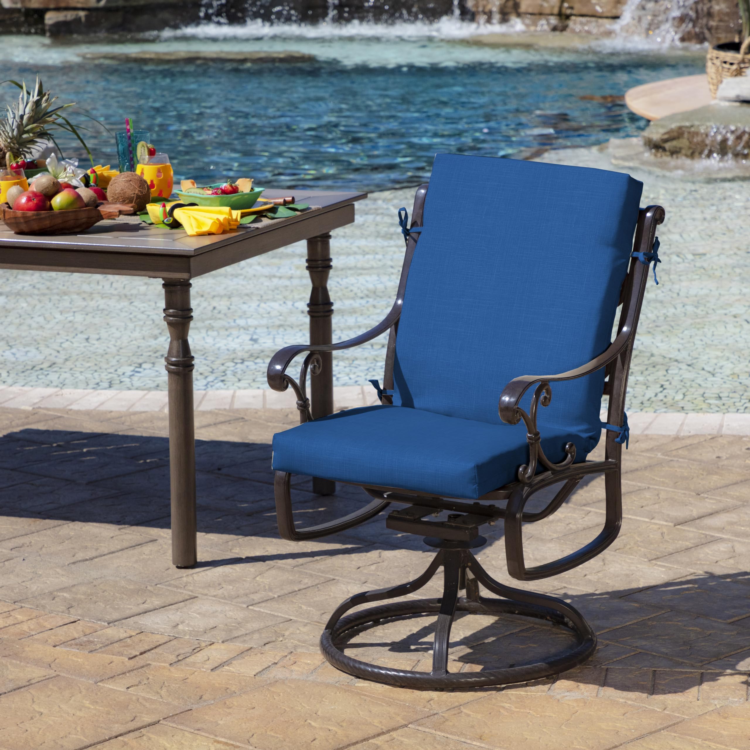 Arden Selections cushion back view highlighting highback support for outdoor dining.