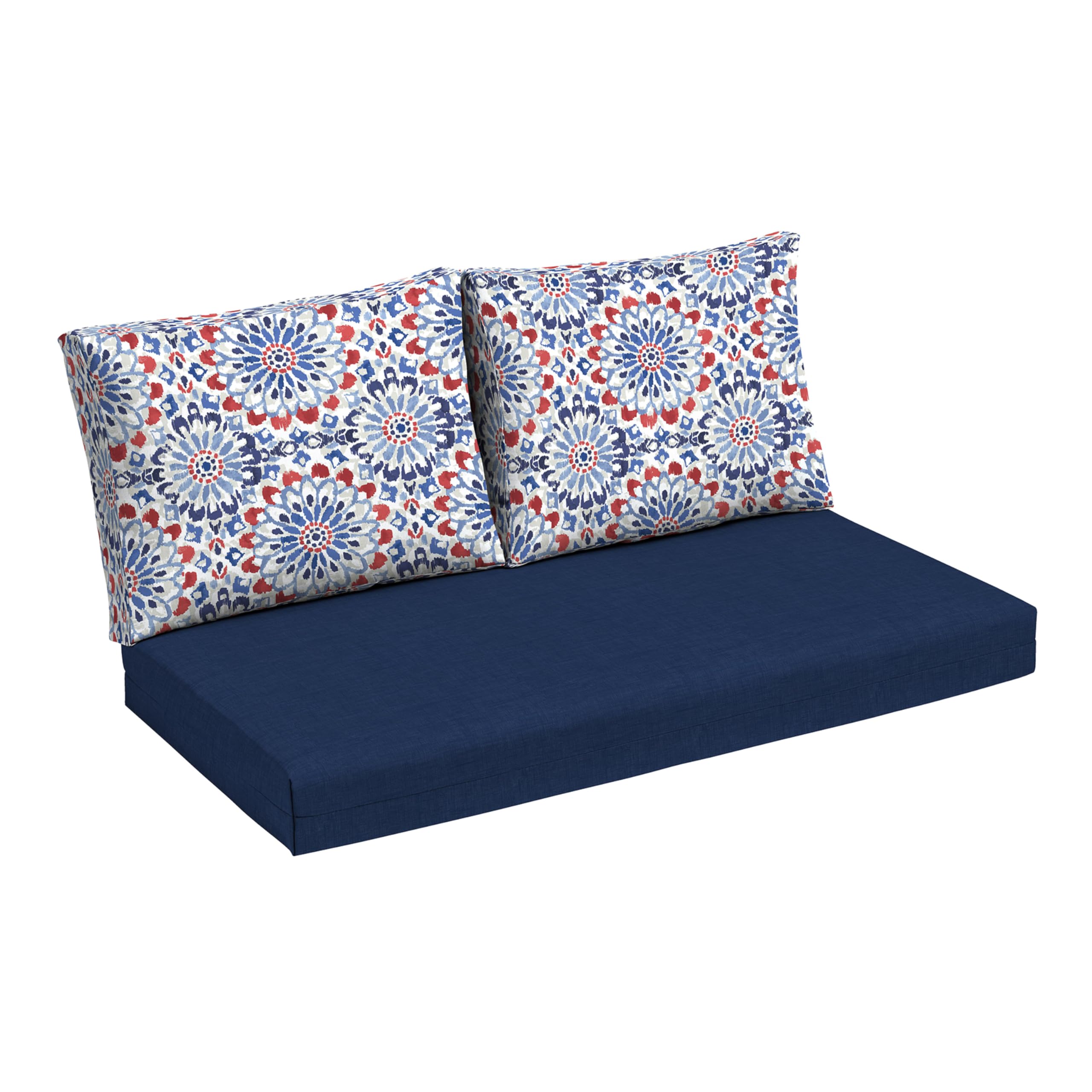 Arden Selections Clark Blue outdoor loveseat cushions, front view with water-repellent fabric.