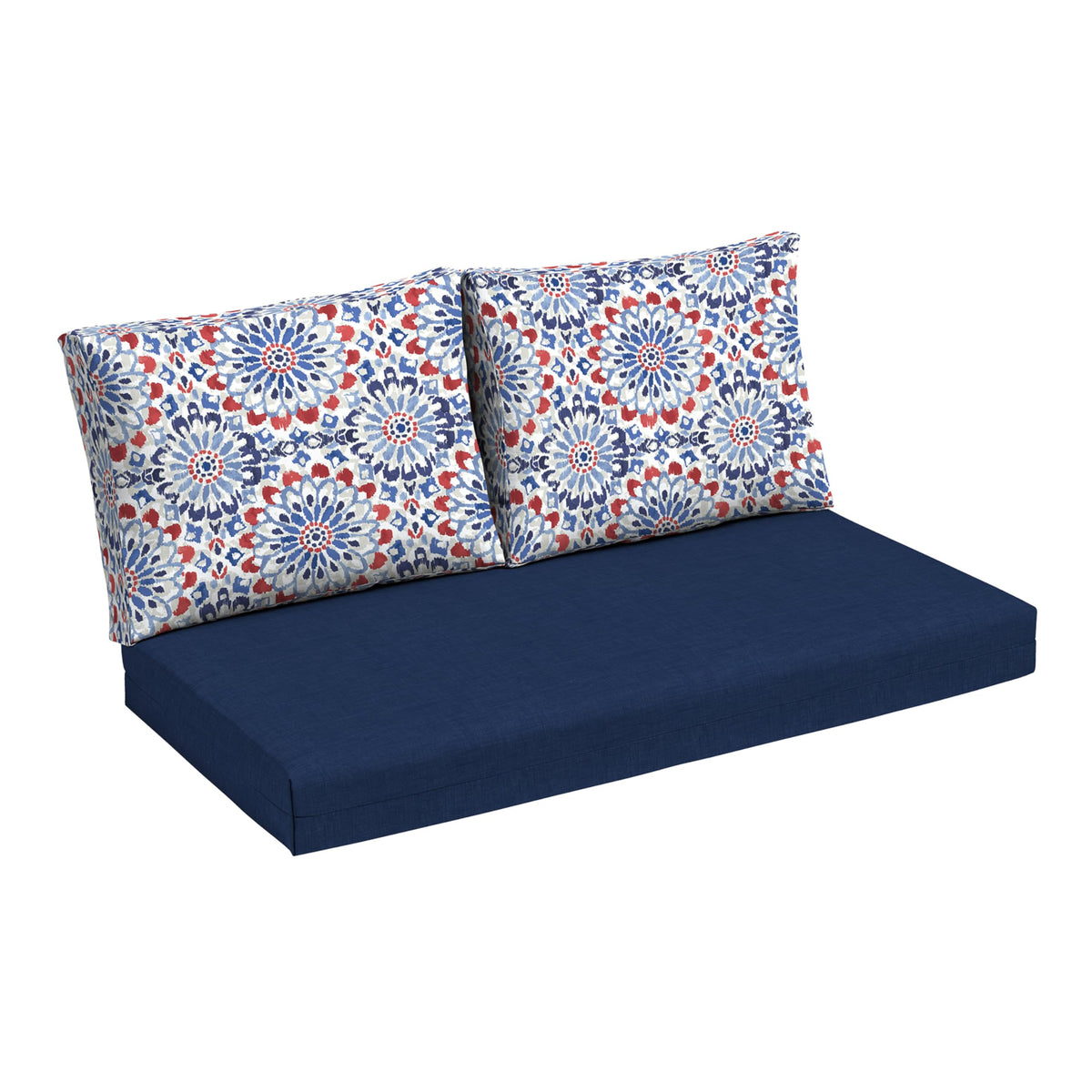 Arden Selections Clark Blue outdoor loveseat cushions, front view with water-repellent fabric.