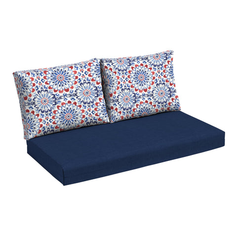 Arden Selections Clark Blue outdoor loveseat cushions, front view with water-repellent fabric.