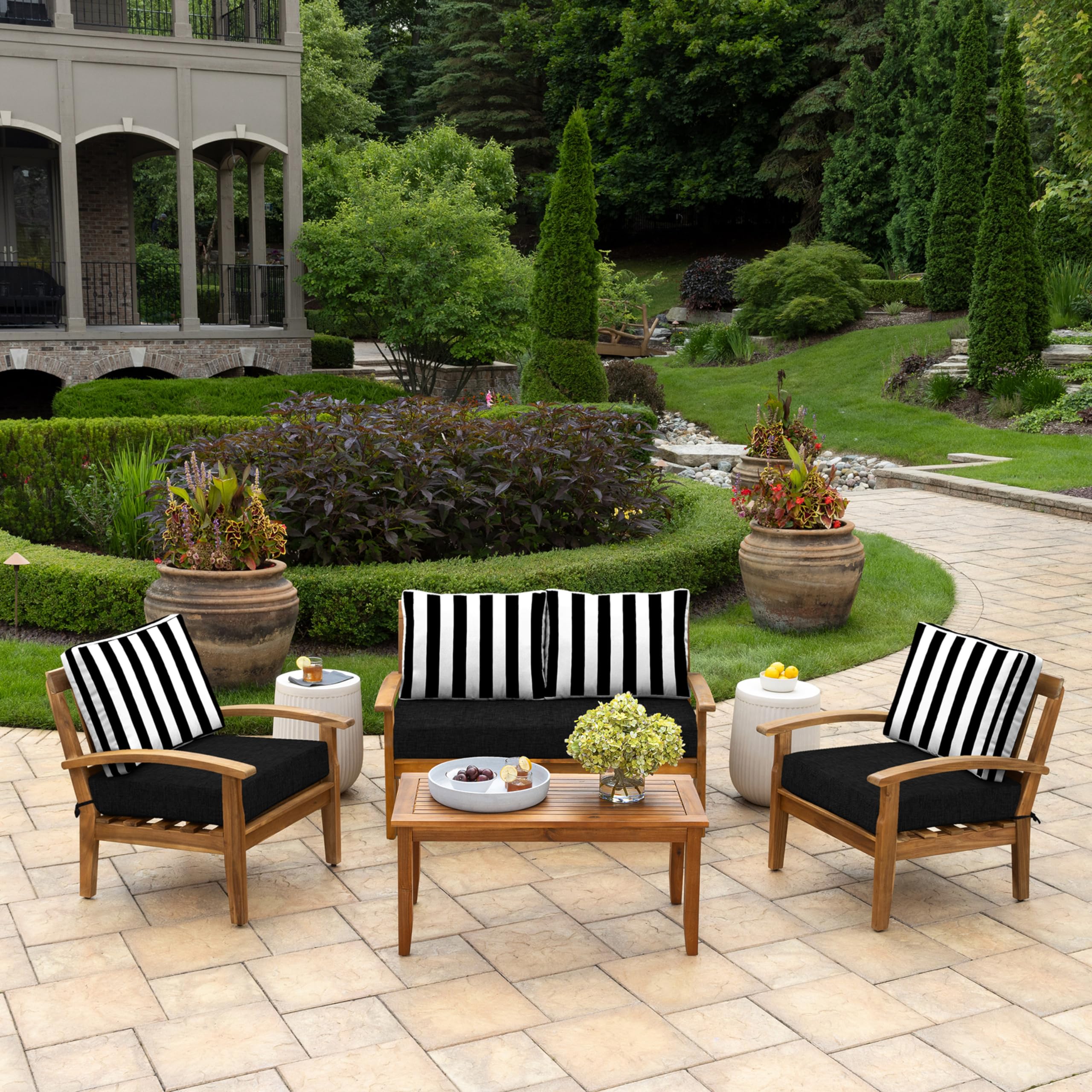 Arden Selections cushion set on loveseat demonstrates weather-ready, fade-resistant fabric