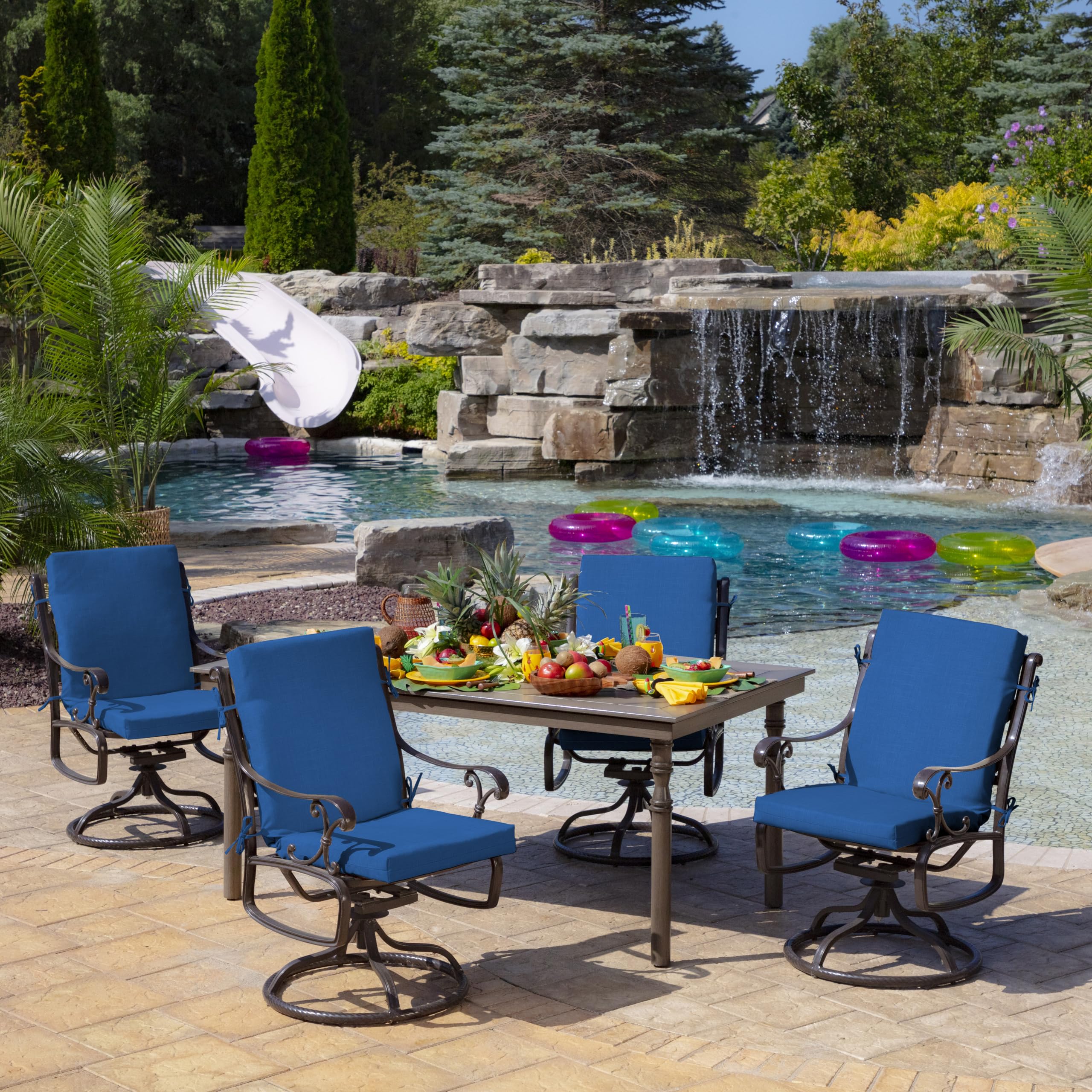Arden Selections rain-proof finish helps cushions withstand showers outdoors.