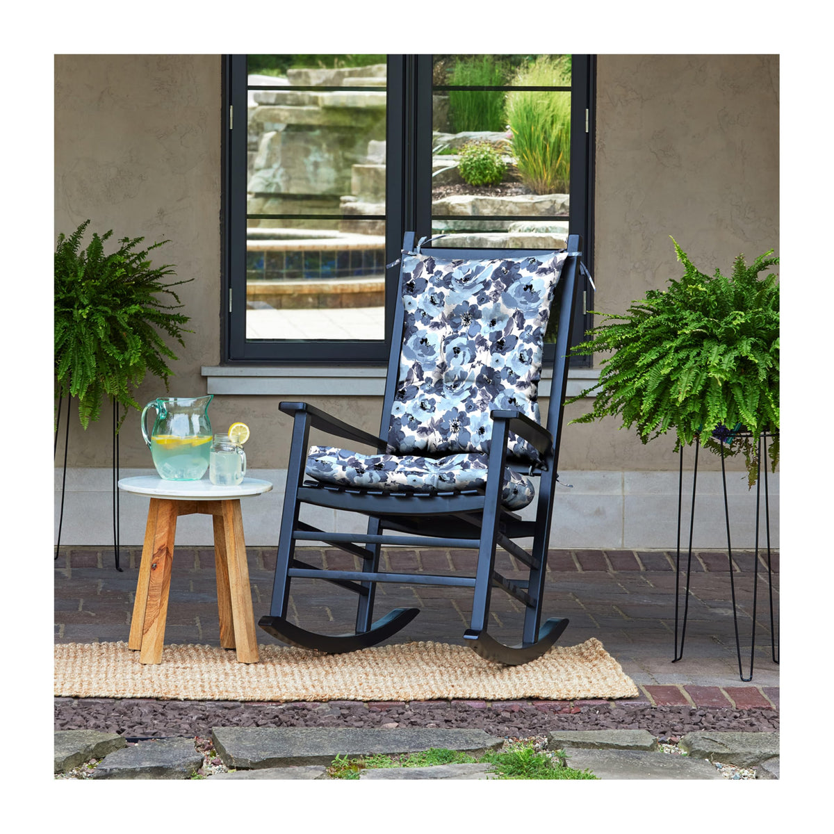 Arden Selections rocking chair back pillow in blue garden floral for plush outdoor support.