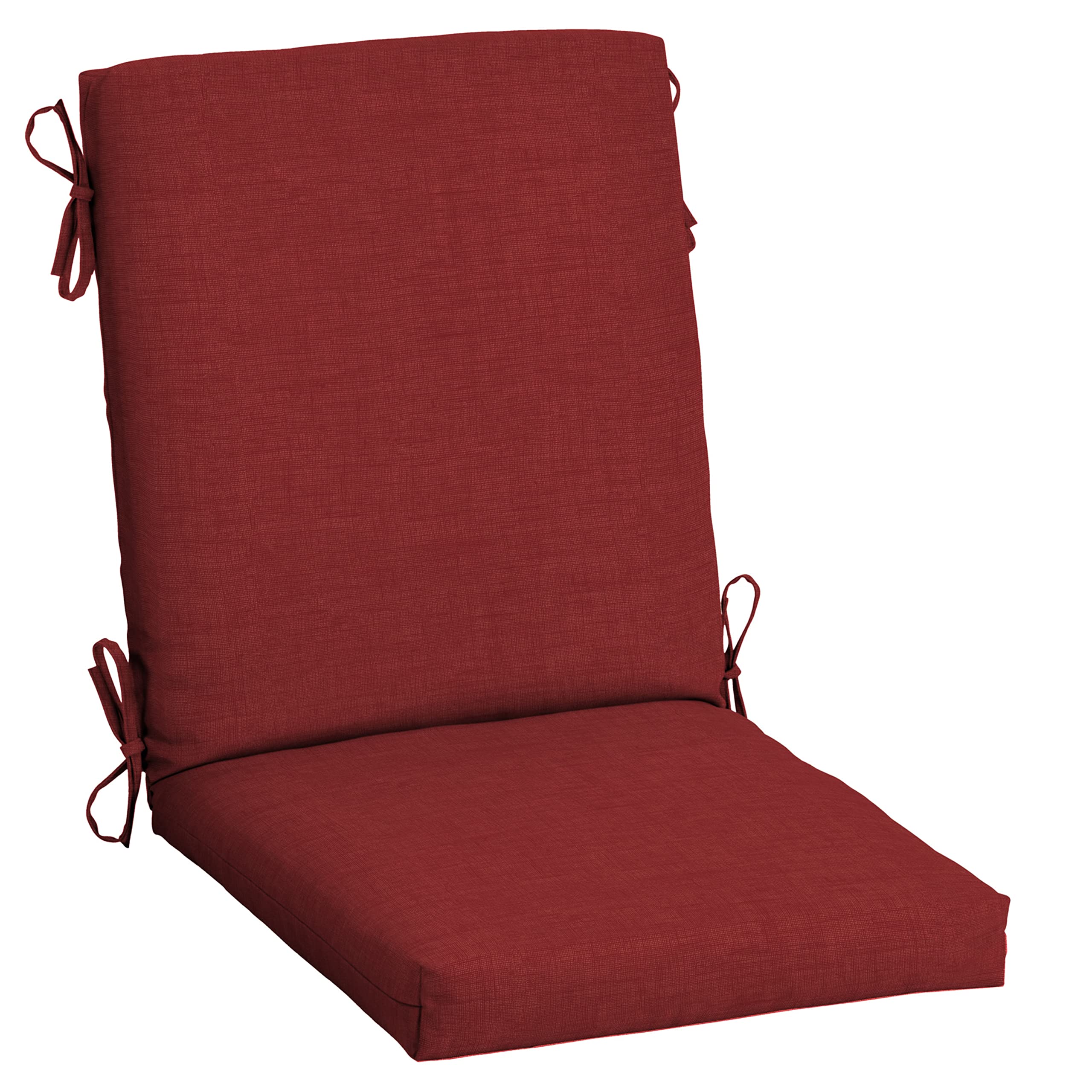 Arden Selections Ruby Red Leala outdoor dining chair cushion on chair for comfortable meals