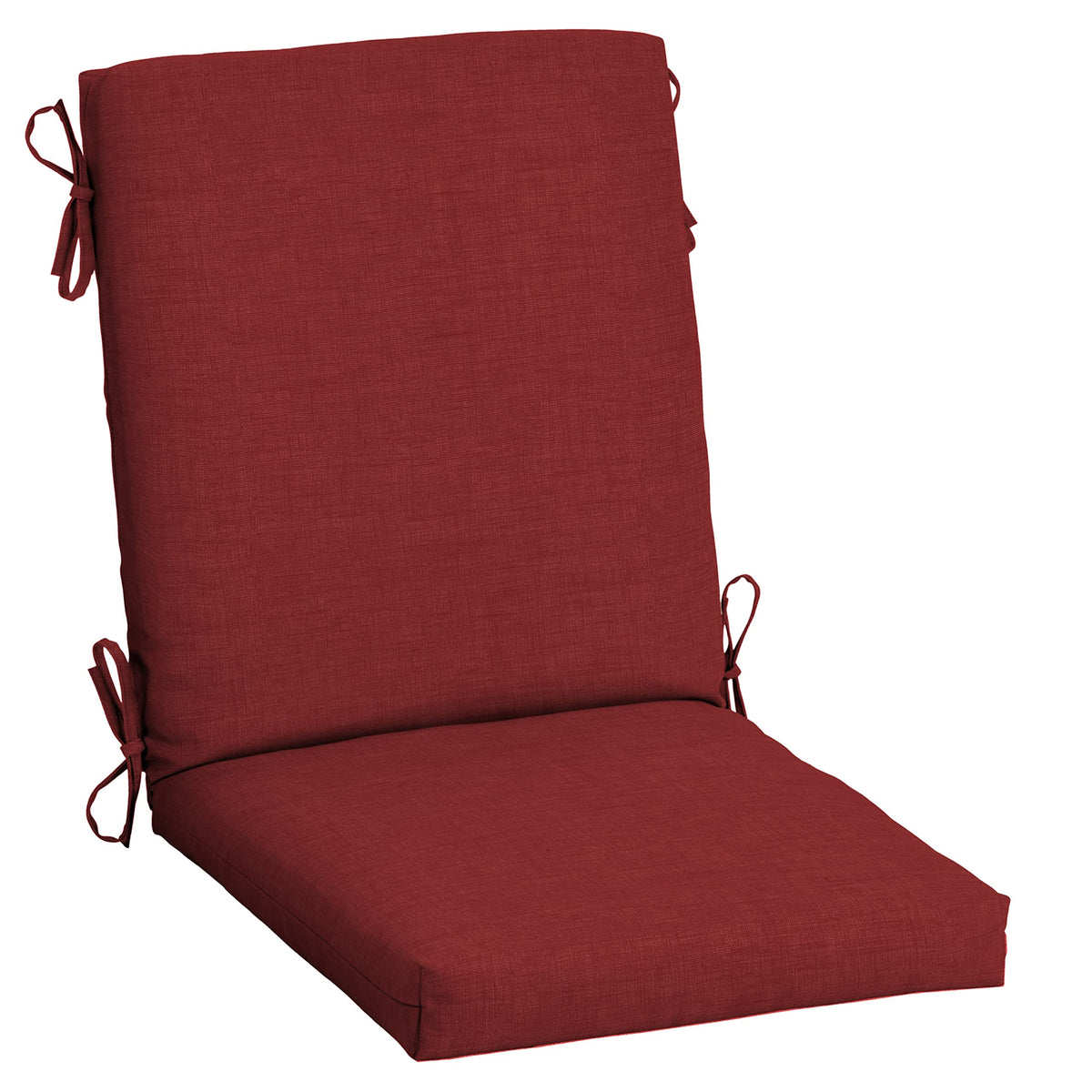 Arden Selections Ruby Red Leala outdoor dining chair cushion on chair for comfortable meals