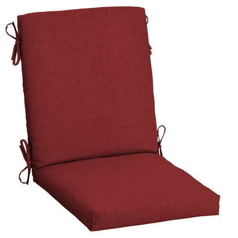 Arden Selections Ruby Red Leala outdoor dining chair cushion on chair for comfortable meals