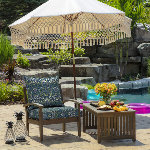 Arden Selections sapphire aurora blue damask fabric resists fading for vibrant outdoor seating.