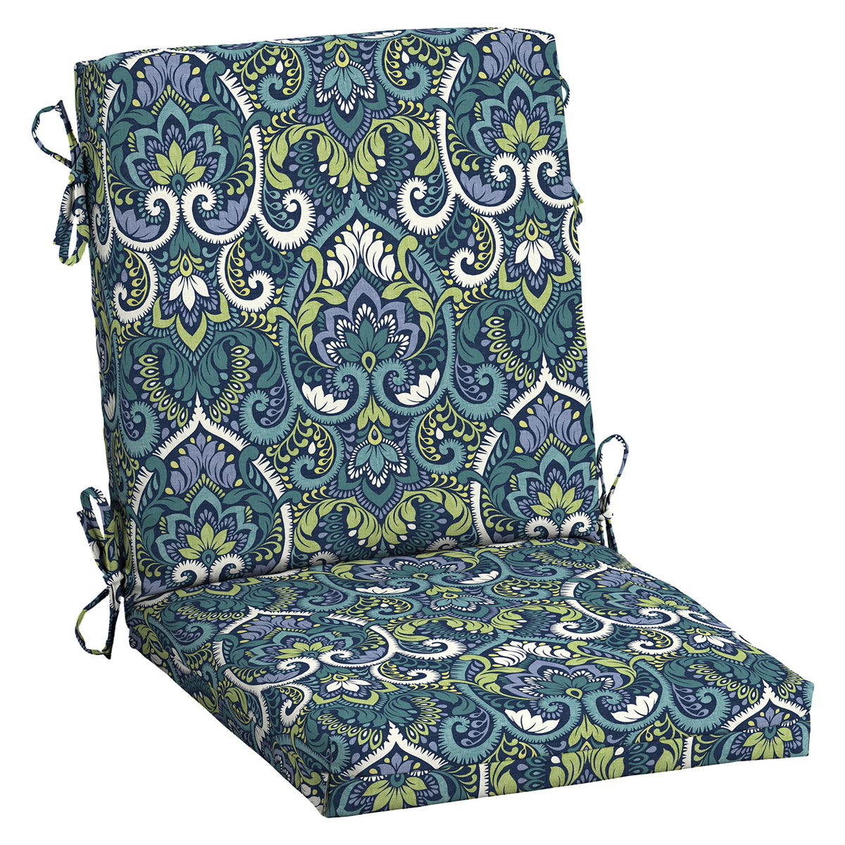 Arden Selections sapphire aurora blue damask midback chair cushion front view highlighting outdoor comfort