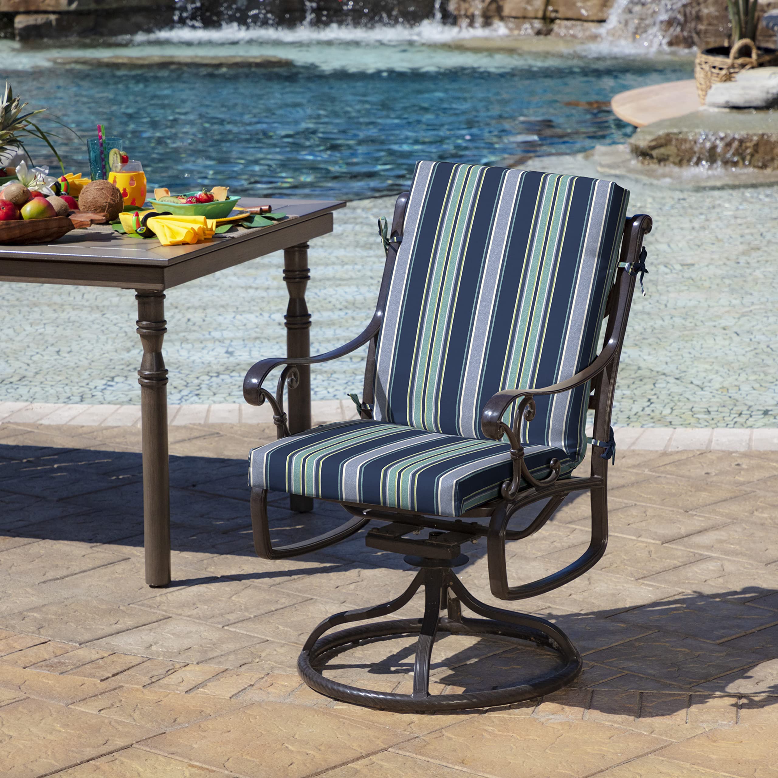 Arden Selections sapphire aurora blue stripe cushion, side view for patio chairs.