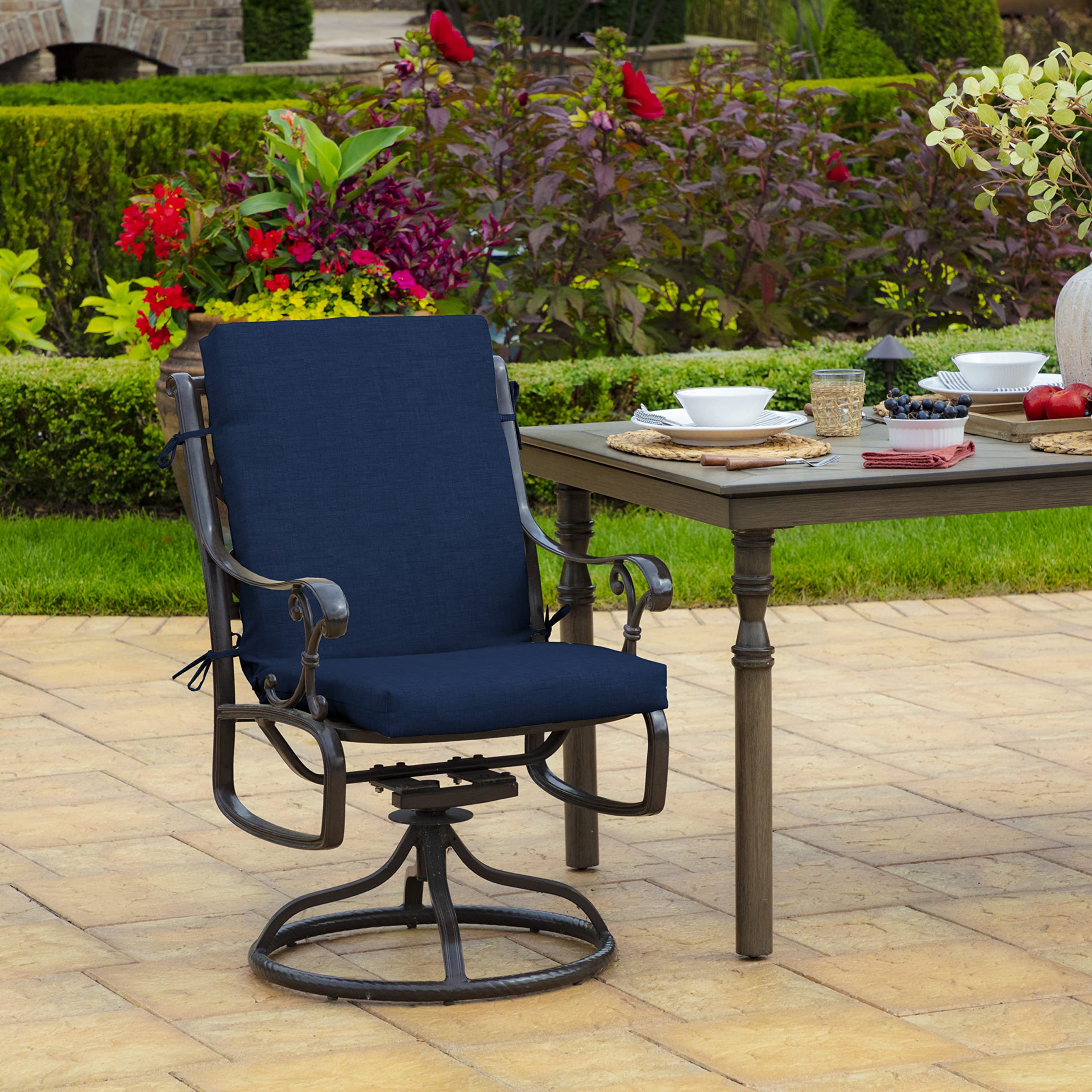 Arden Selections cushion side view shows plush support for outdoor dining.