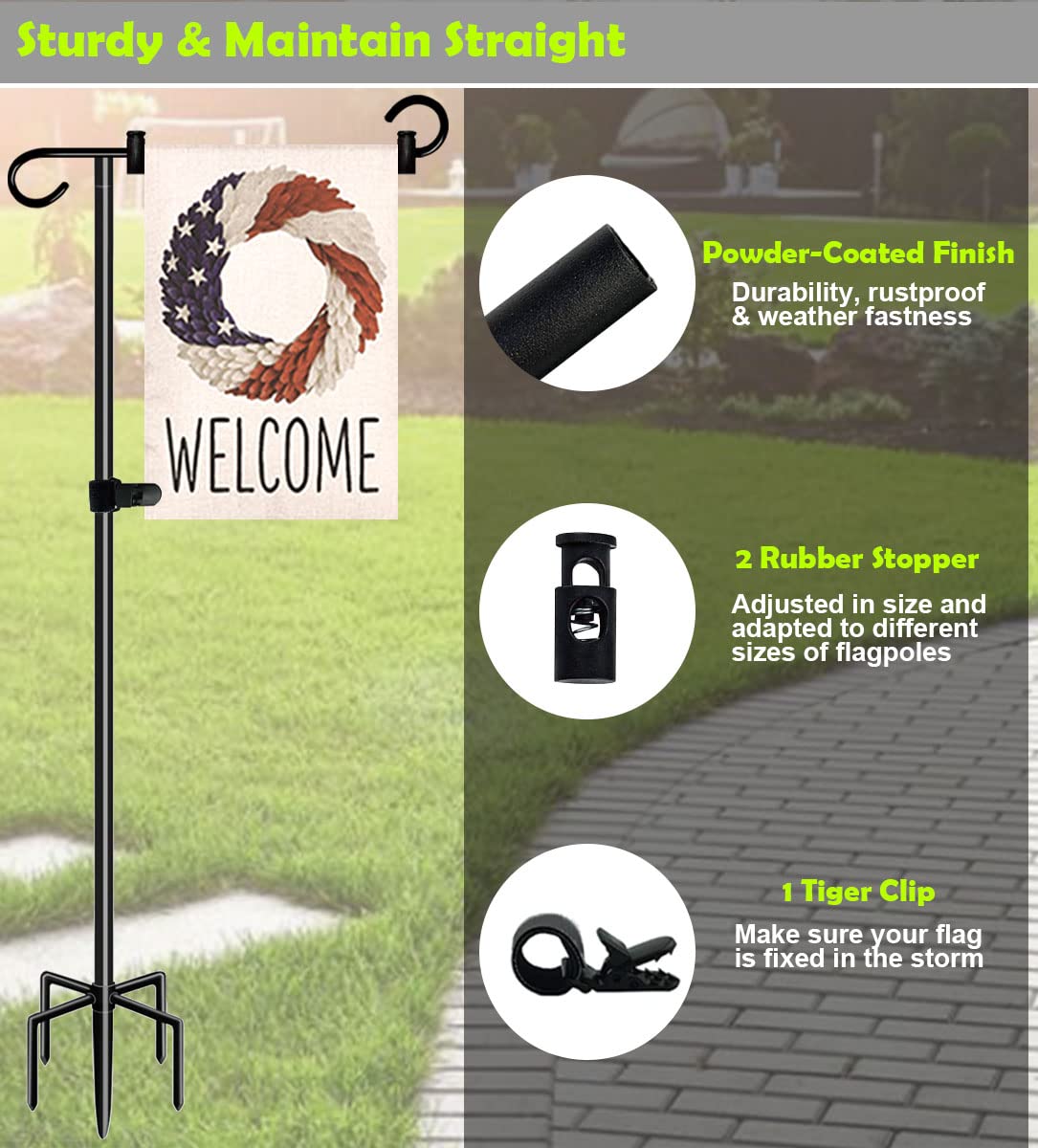 Ardier wrought metal flag pole withstands outdoor weather.