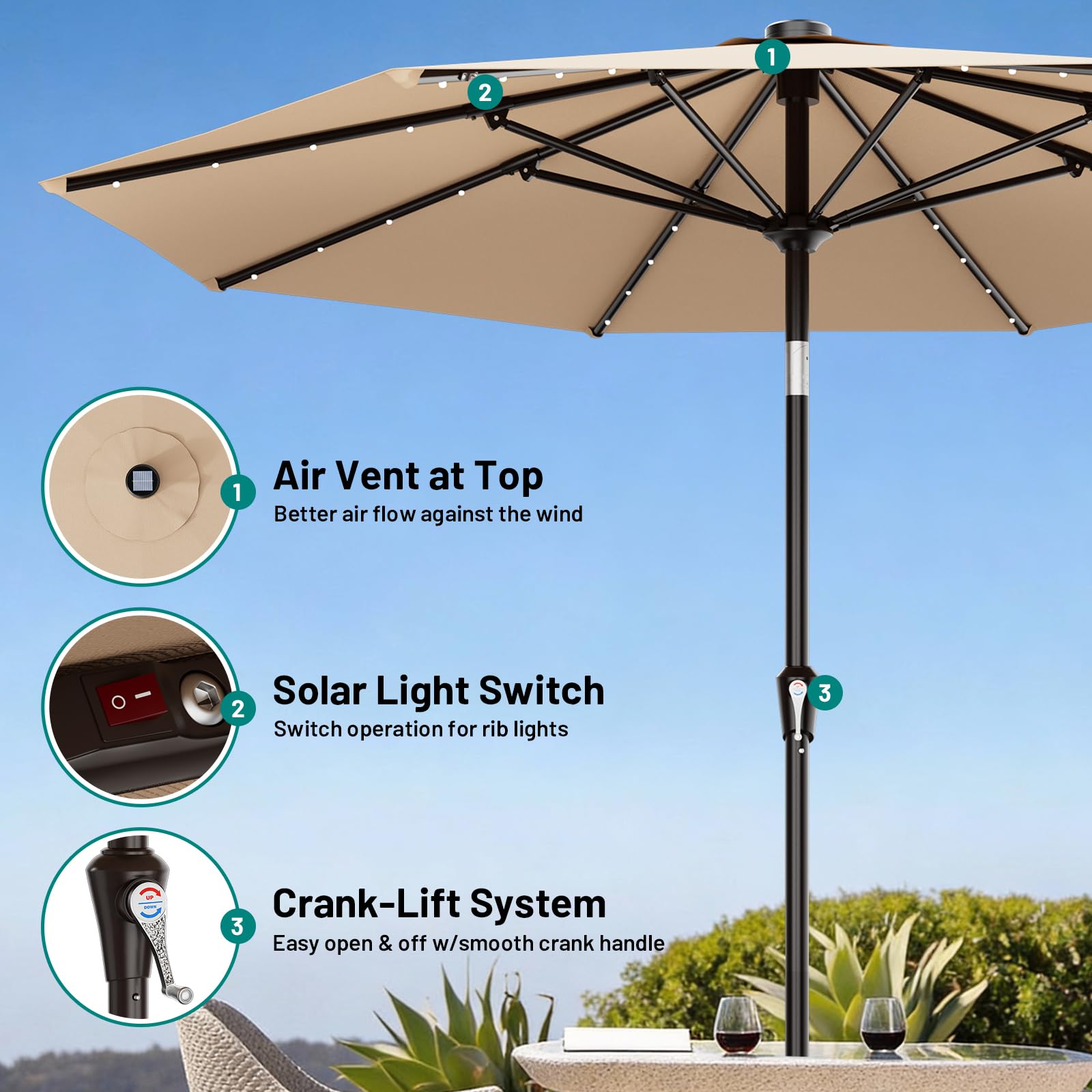 AreShark 32 LED lights along eight ribs provide warm night illumination.