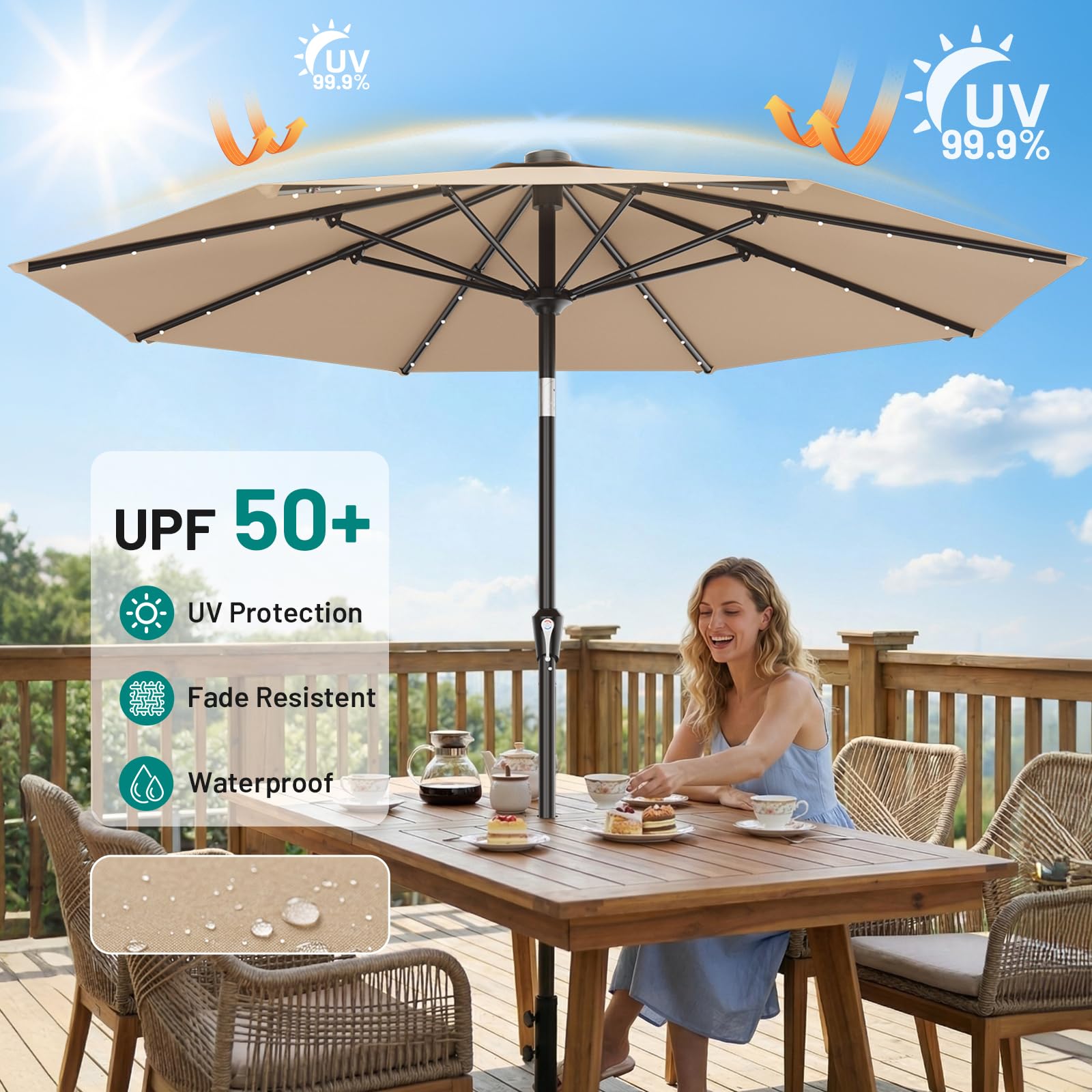 AreShark beige outdoor umbrella ready for poolside shade and evening ambience.