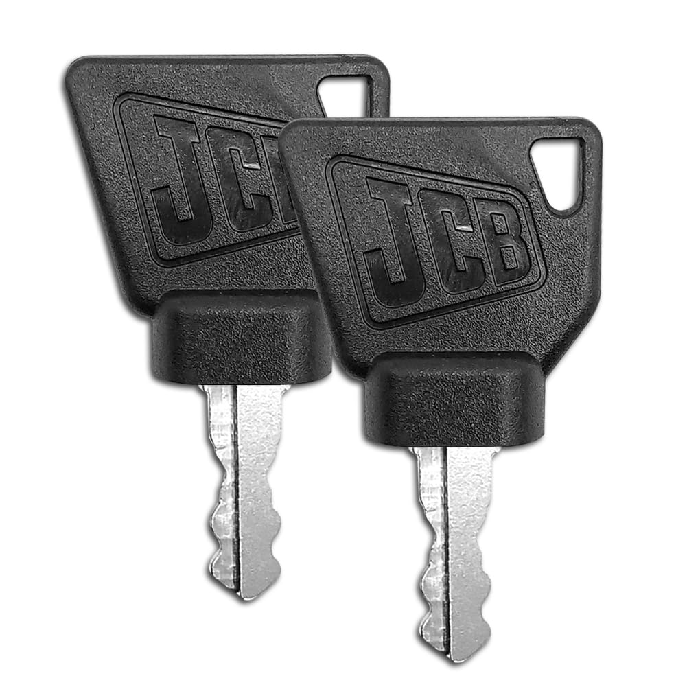 Close-up of Aree JCB ignition keys for easy model identification.