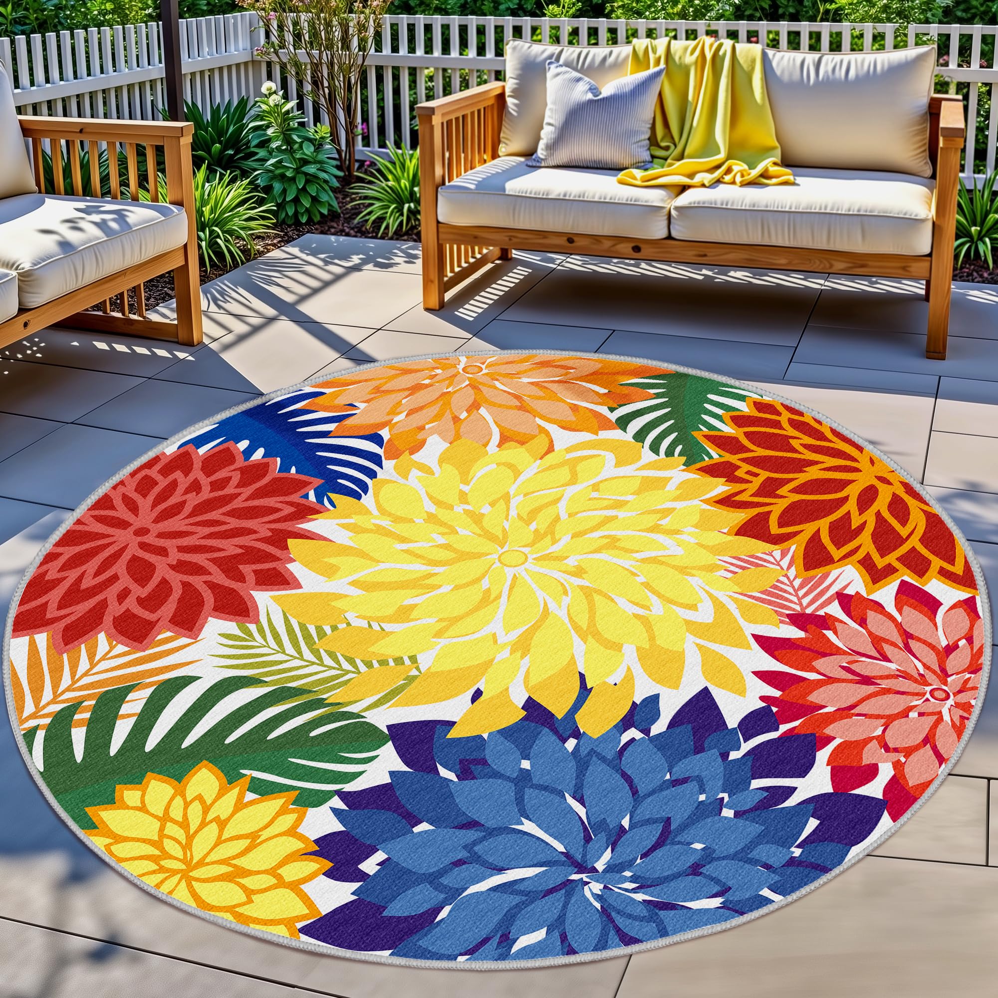 Arenarug colorful 6ft outdoor round rug brightens patios and decks.