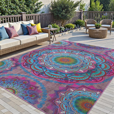 Arenarug mandala style rug enhances patio or porch ambiance.