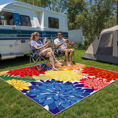 Arenarug outdoor-patio-setup showcases rainbow hues and durable construction.