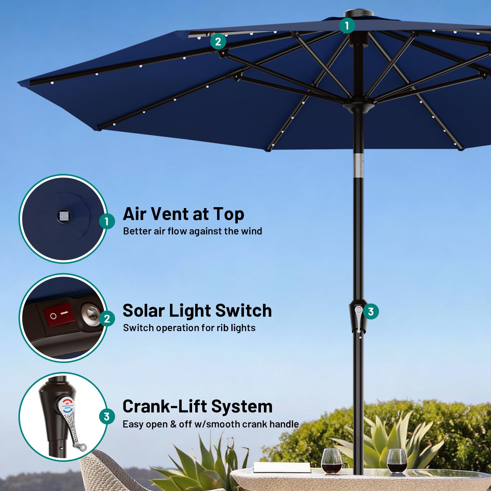 AreShark solar-lit ribs illuminate poolside and patio areas evenly