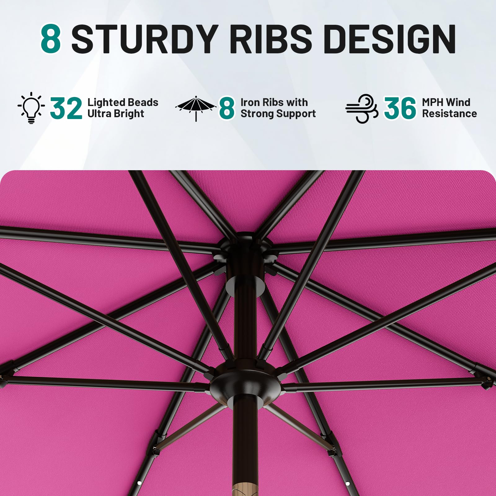 AreShark 8-rib iron frame delivers sturdy support against breeze.