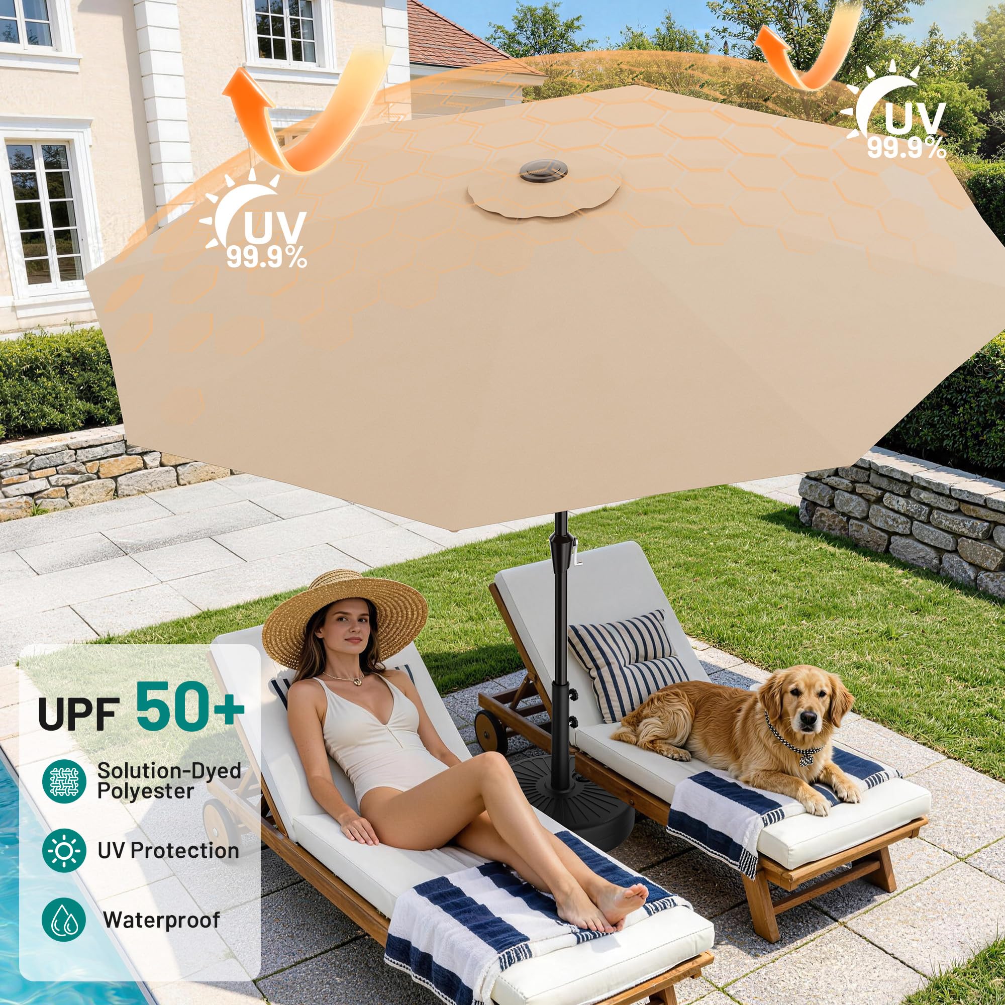 Sturdy eight-rib frame supports reliable shade from AreShark umbrella.