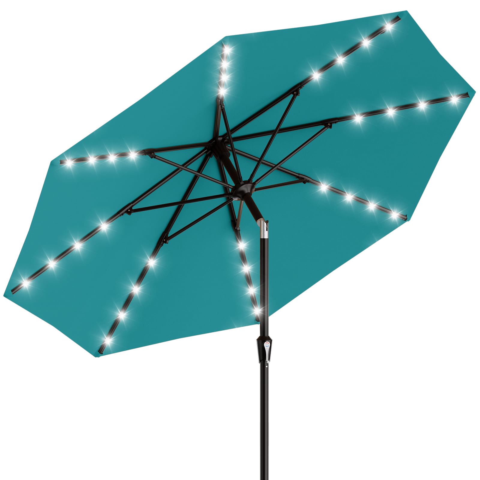 AreShark 9FT patio umbrella with solar lights illuminates an evening outdoor seating area.