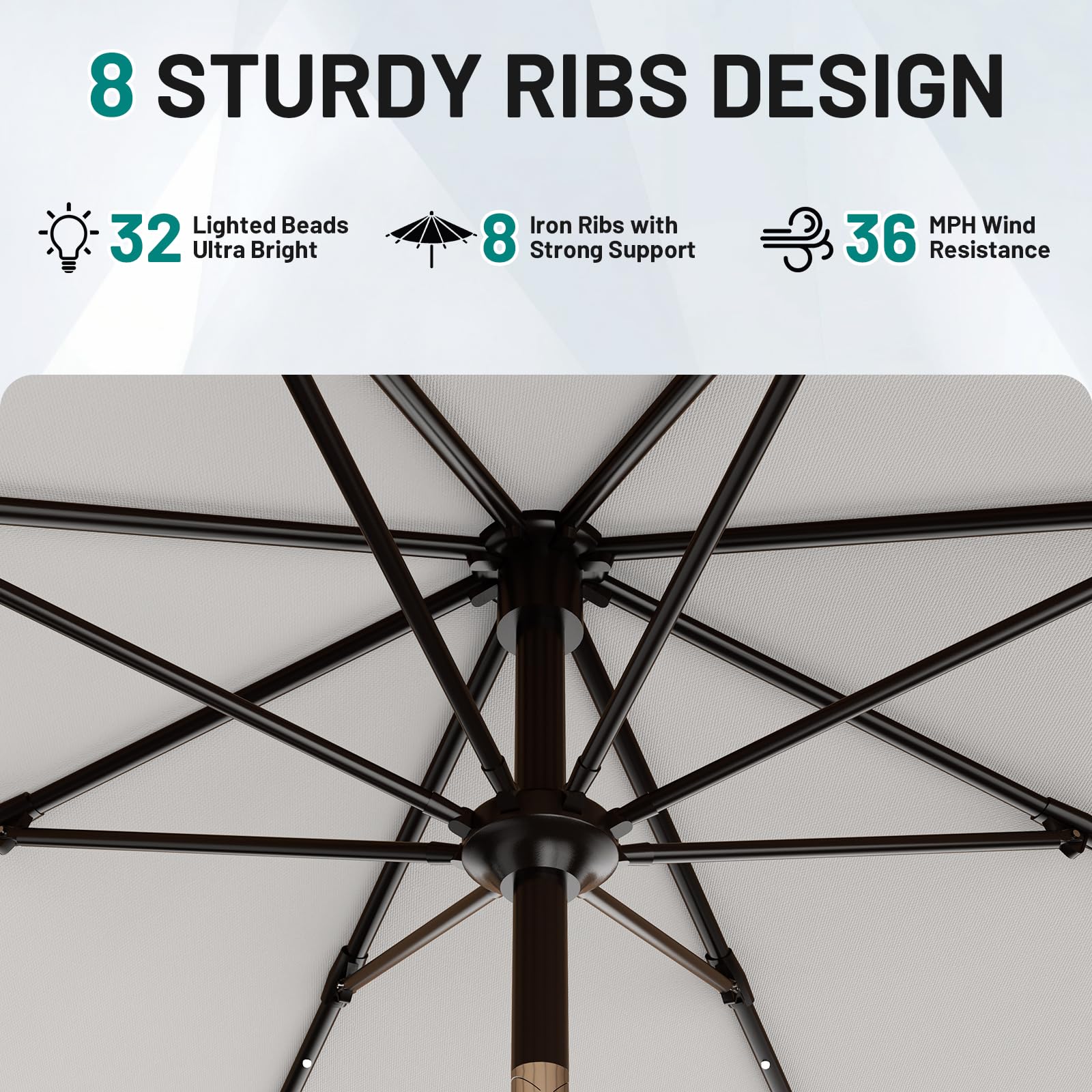 AreShark 8-rib iron construction provides sturdy support against wind.