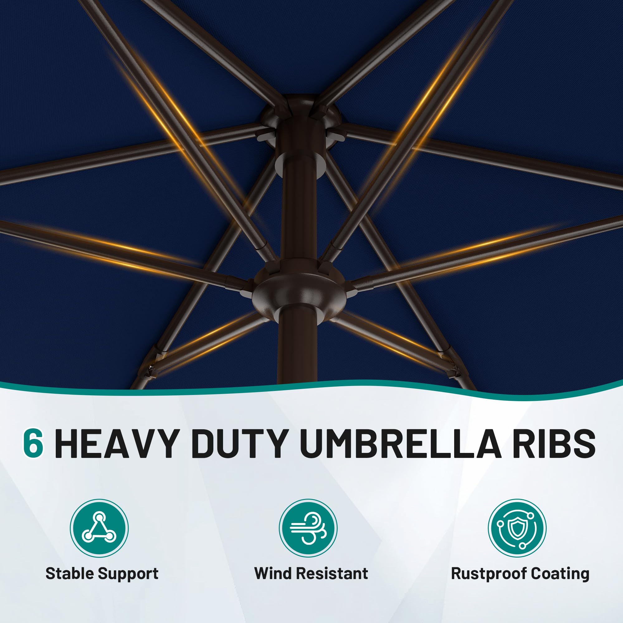 Powder-coated iron pole and six ribs provide durable support.