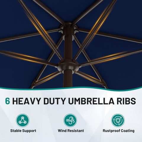 Powder-coated iron pole and six ribs provide durable support.