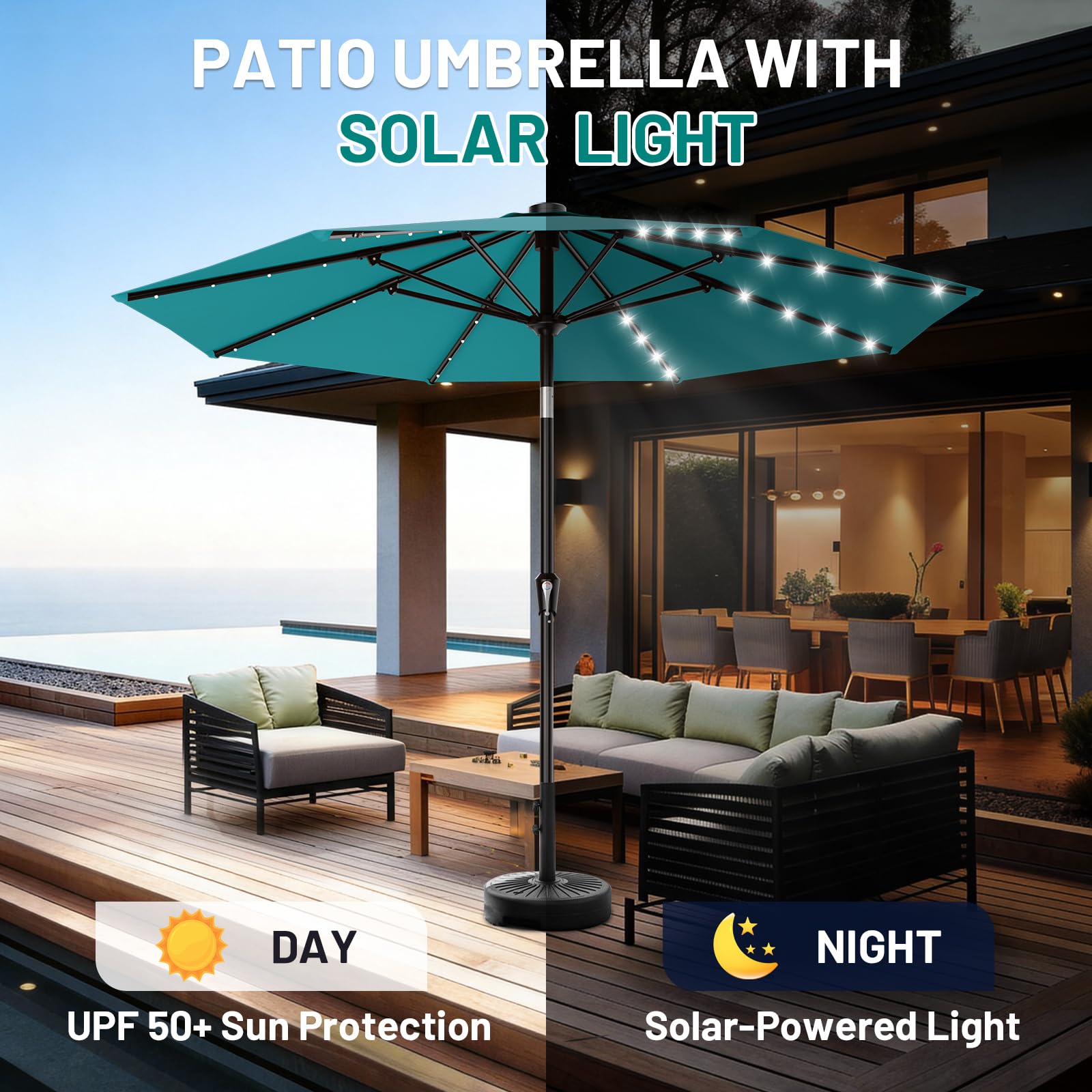 AreShark canopy provides all-day shade and warm night ambiance.