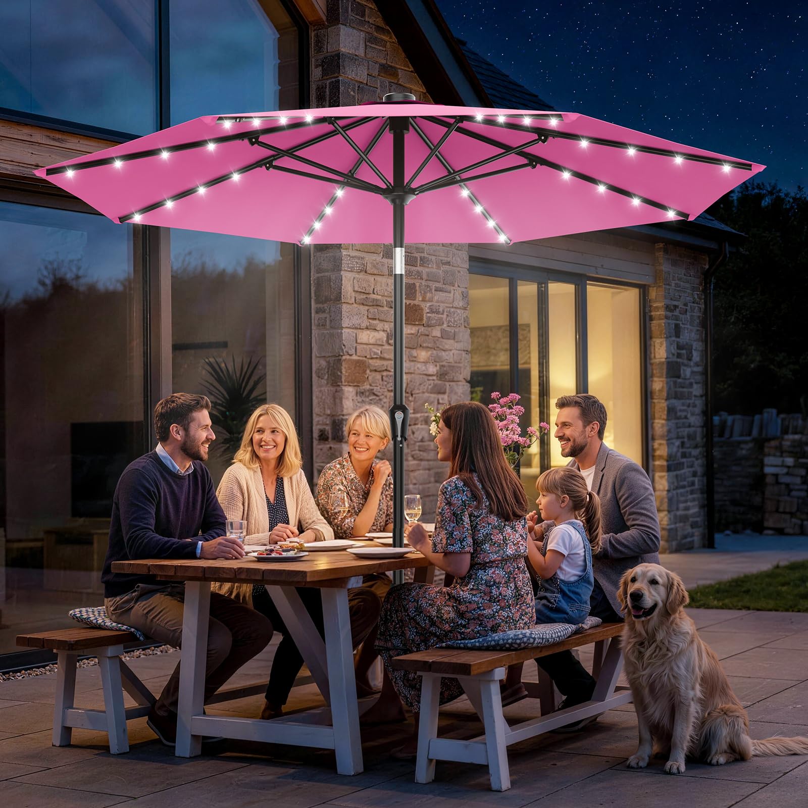 AreShark all-day shade by day, cozy glow at night for gatherings.