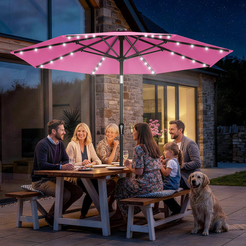 AreShark all-day shade by day, cozy glow at night for gatherings.