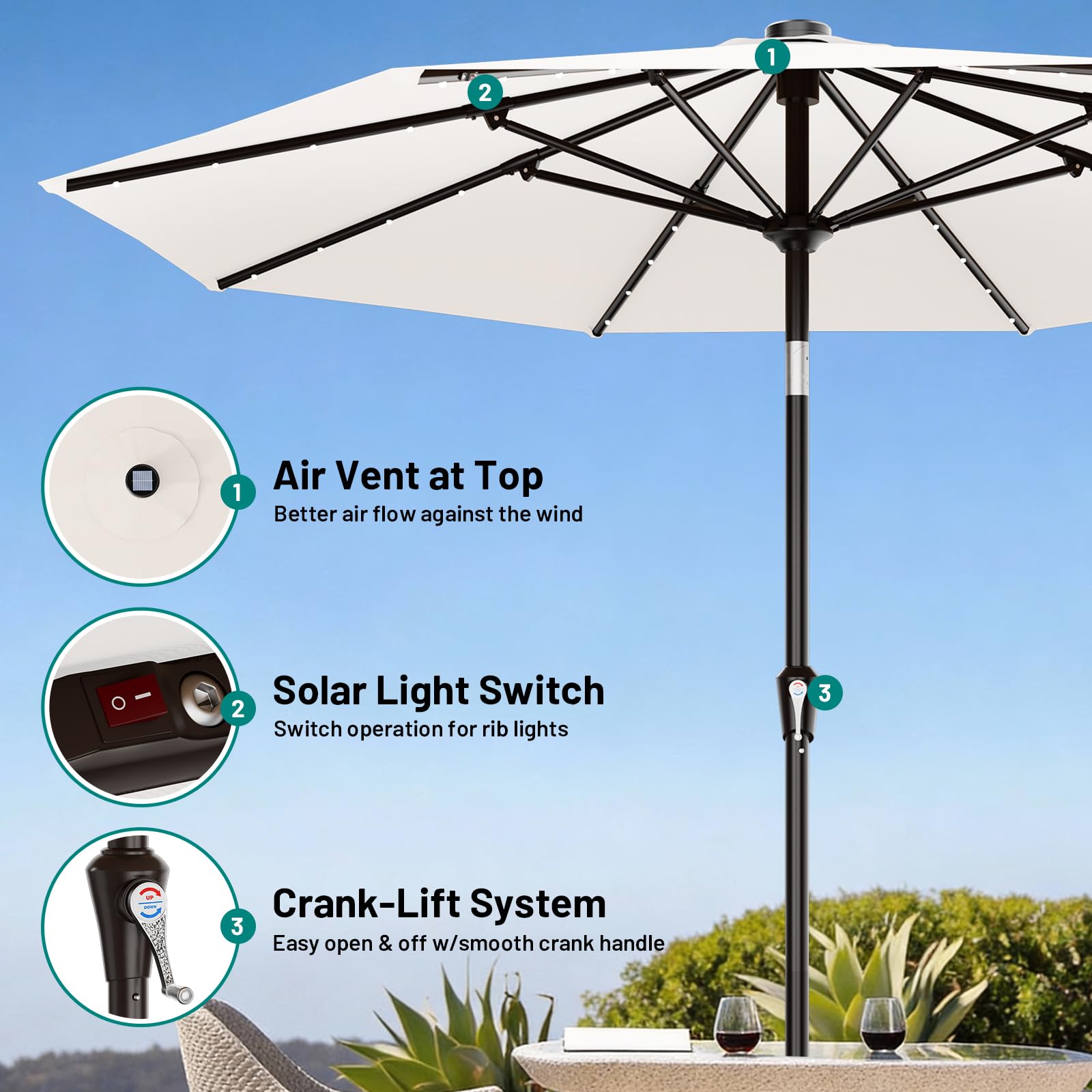 AreShark umbrella crank-lift demonstrates easy height adjustment for comfortable shade all day.